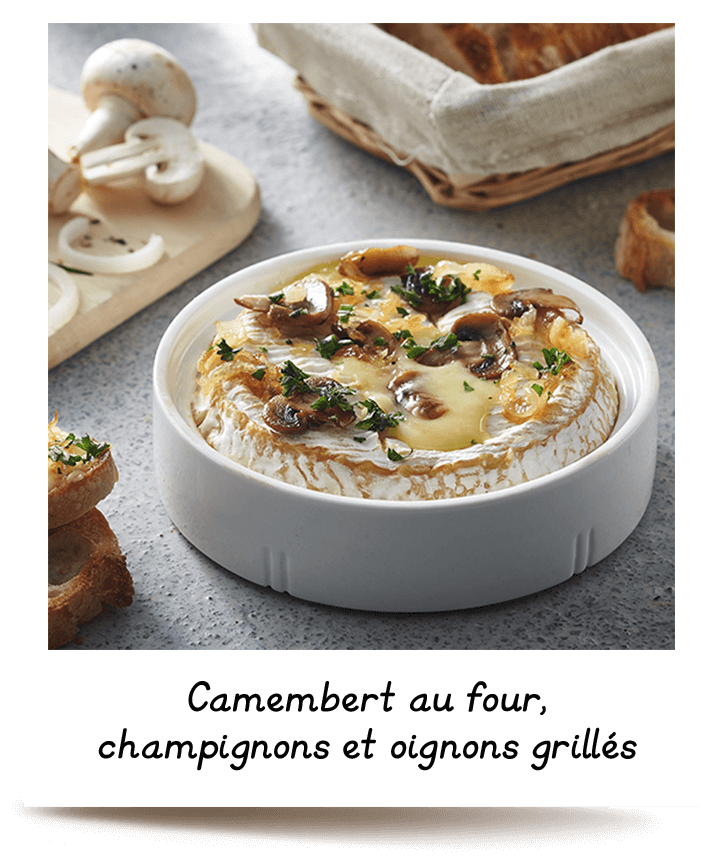 Camembert au four, champignons et oignons grillés