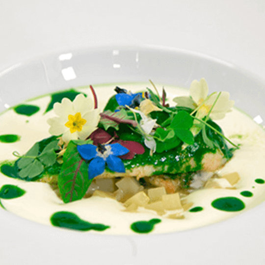 Le Saint-Pierre en aiguillettes, rôti au vert, risotto crémeux de pommes de terre